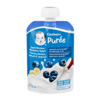 GERBER® Yogurt Pouch. Postre a base de Manzana, cambur y arándano con Yogurt