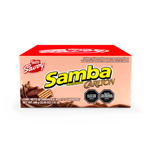 SAMBA® Wafer con Relleno Sabor a Avellanas Cubierto de Chocolate Display 20 Unidades de 32 g