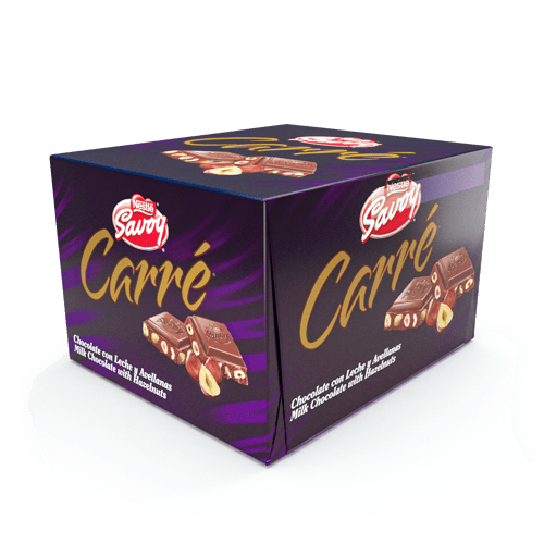 SAVOY® CARRÉ Avellanas Chocolate con Leche y Avellanas Display 10 Unidades de 100 g