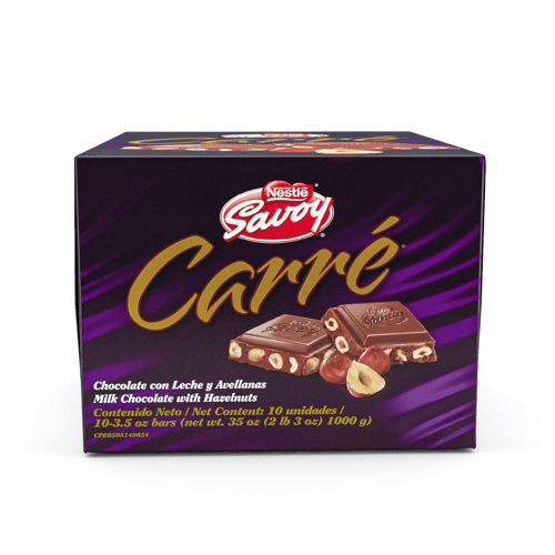 SAVOY® CARRÉ Avellanas Chocolate con Leche y Avellanas Display 10 Unidades de 100 g