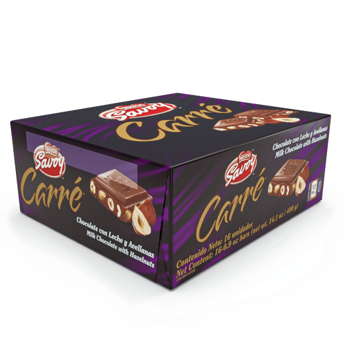 SAVOY® CARRÉ Avellanas Mini Chocolate con Leche y Avellanas Display 16 Unidades de 25 g
