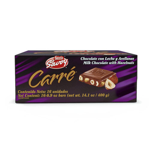 SAVOY® CARRÉ Avellanas Mini Chocolate con Leche y Avellanas Display 16 Unidades de 25 g